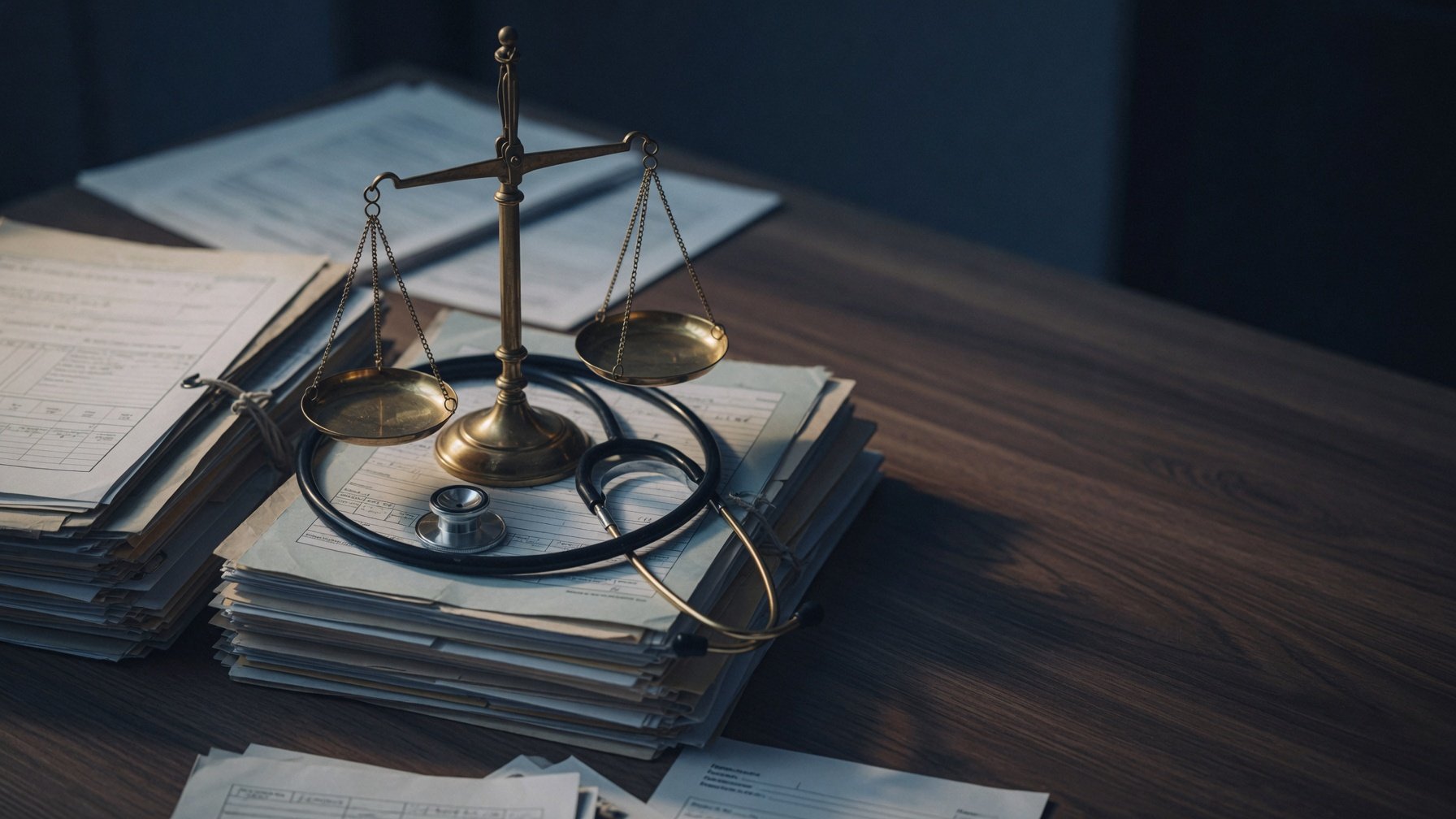 Brass scales of justice and a stethoscope resting on legal files under low cinematic light